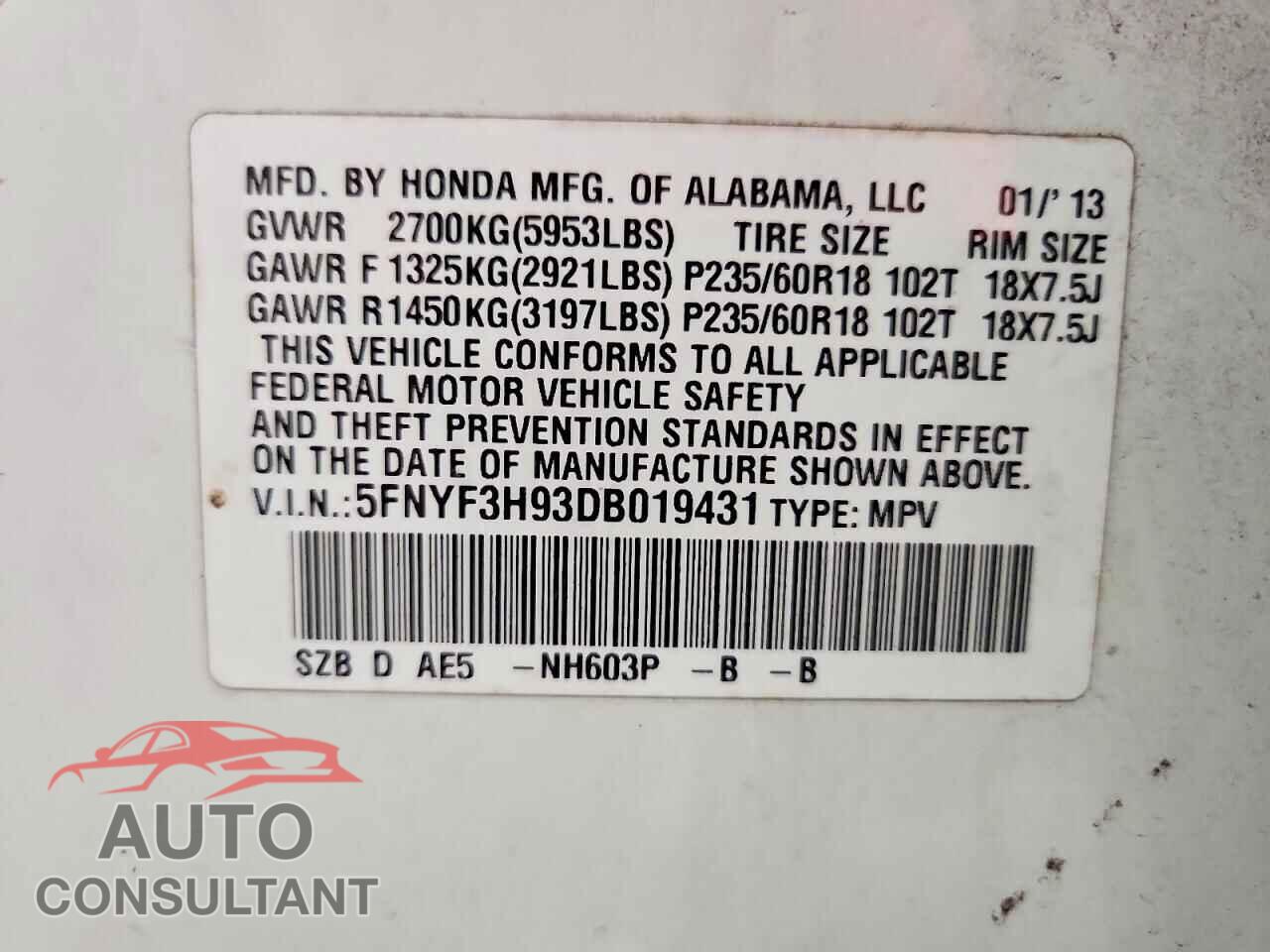 HONDA PILOT 2013 - 5FNYF3H93DB019431