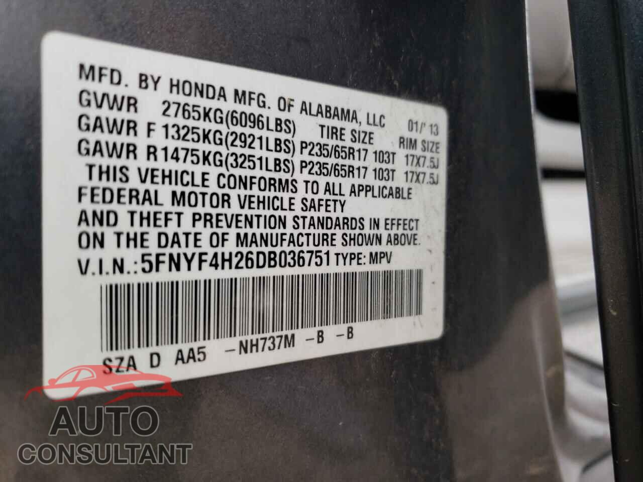 HONDA PILOT 2013 - 5FNYF4H26DB036751