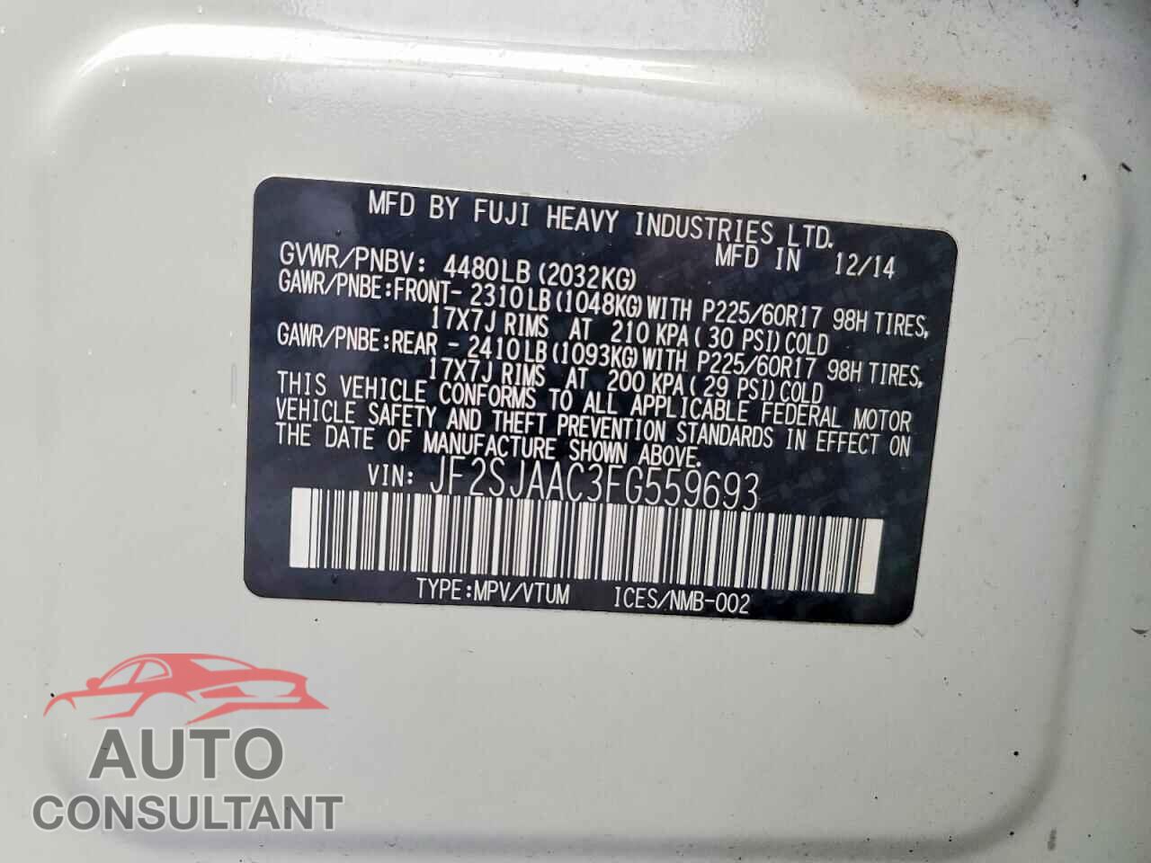 SUBARU FORESTER 2015 - JF2SJAAC3FG559693