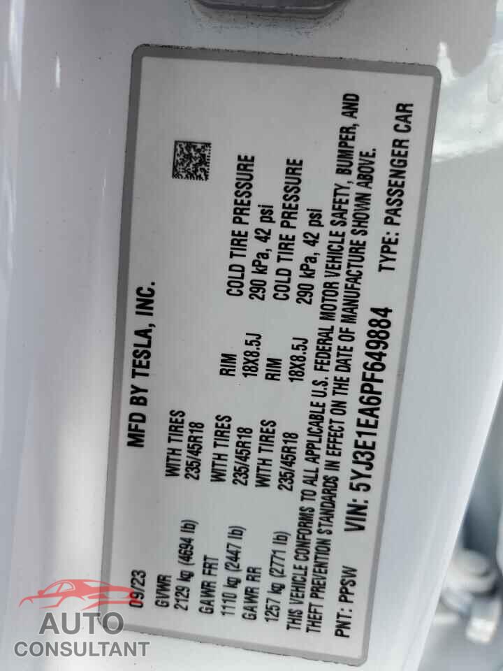 TESLA MODEL 3 2023 - 5YJ3E1EA6PF649884