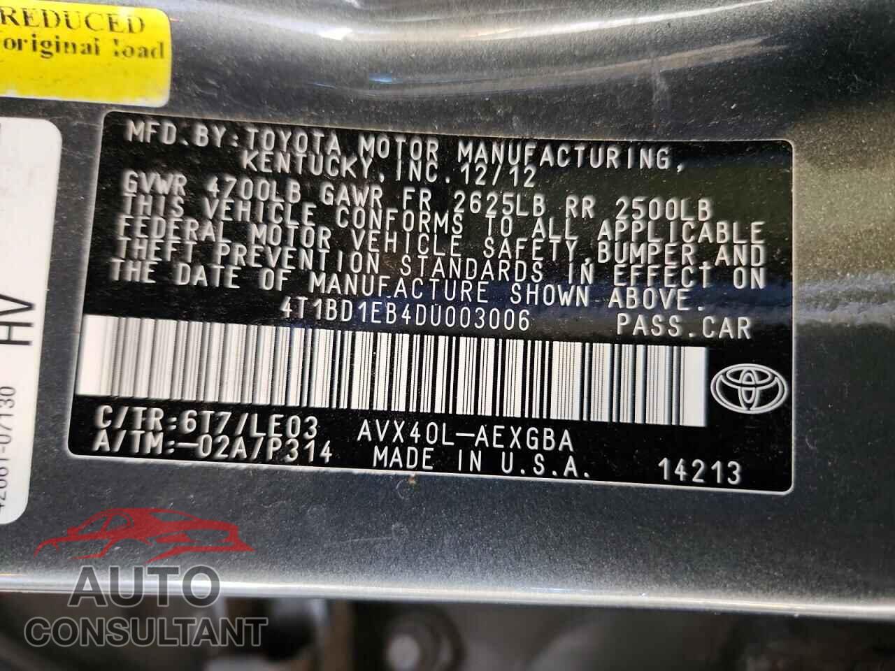 TOYOTA AVALON 2013 - 4T1BD1EB4DU003006