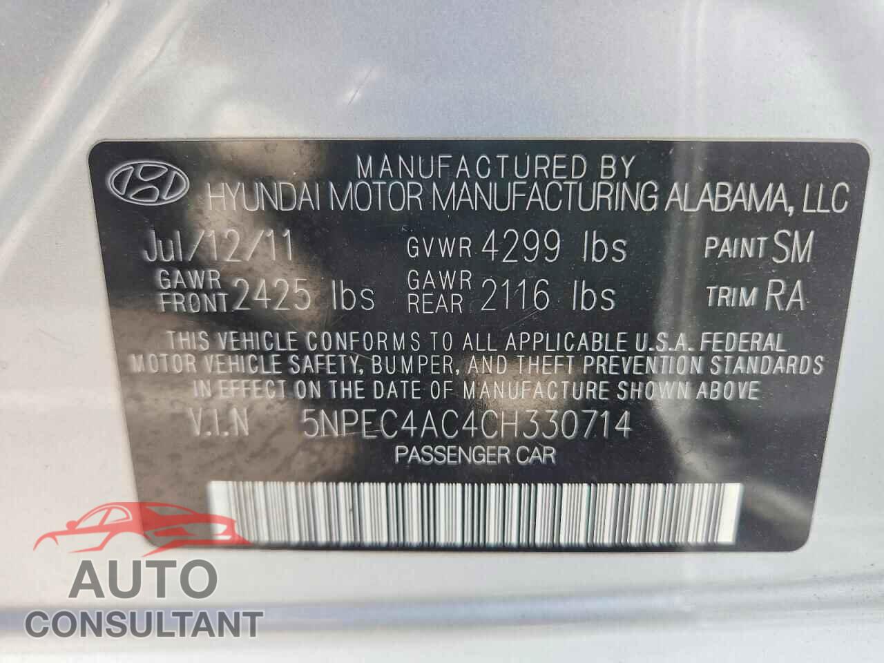 HYUNDAI SONATA 2012 - 5NPEC4AC4CH330714