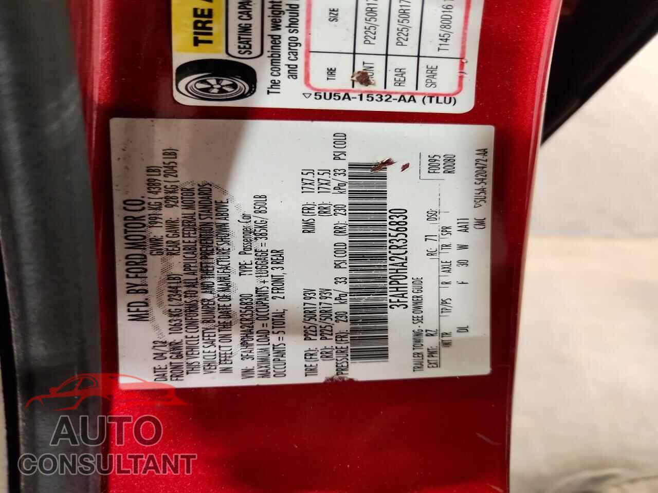FORD FUSION 2012 - 3FAHP0HA2CR356830
