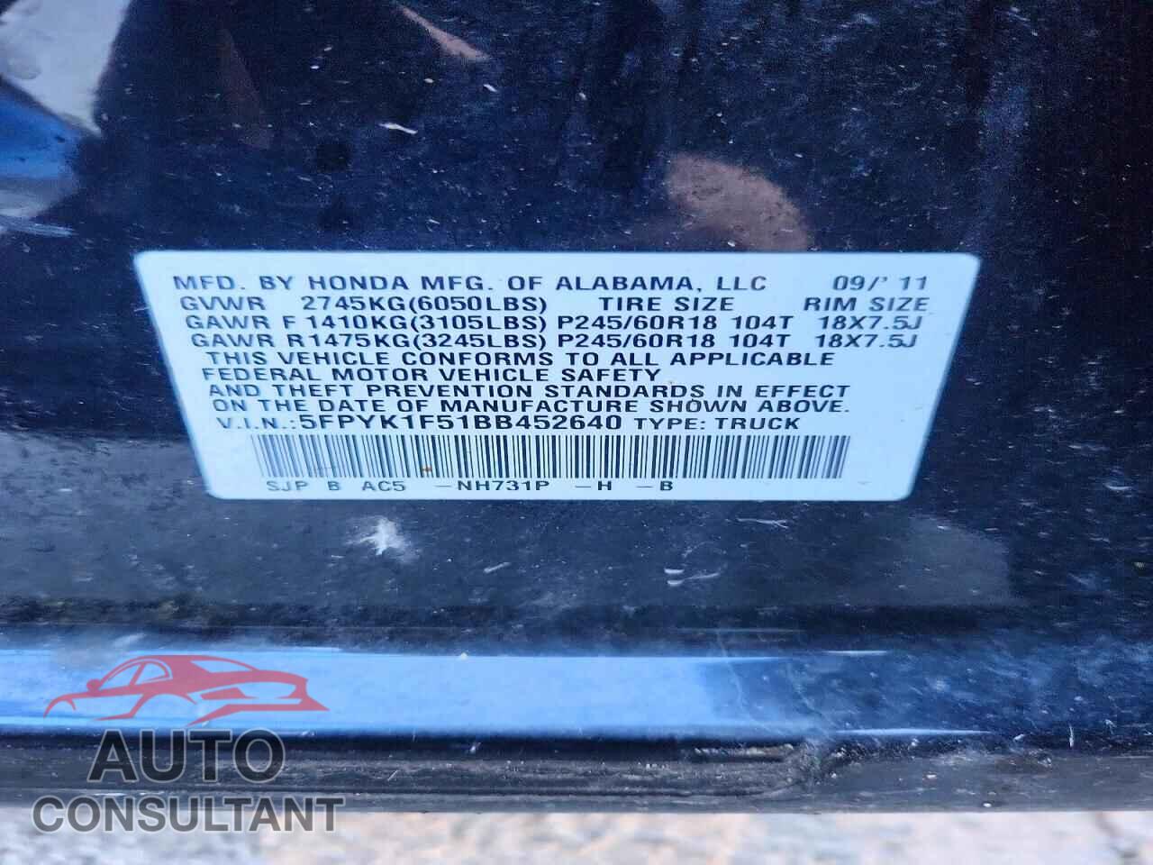 HONDA RIDGELINE 2011 - 5FPYK1F51BB452640