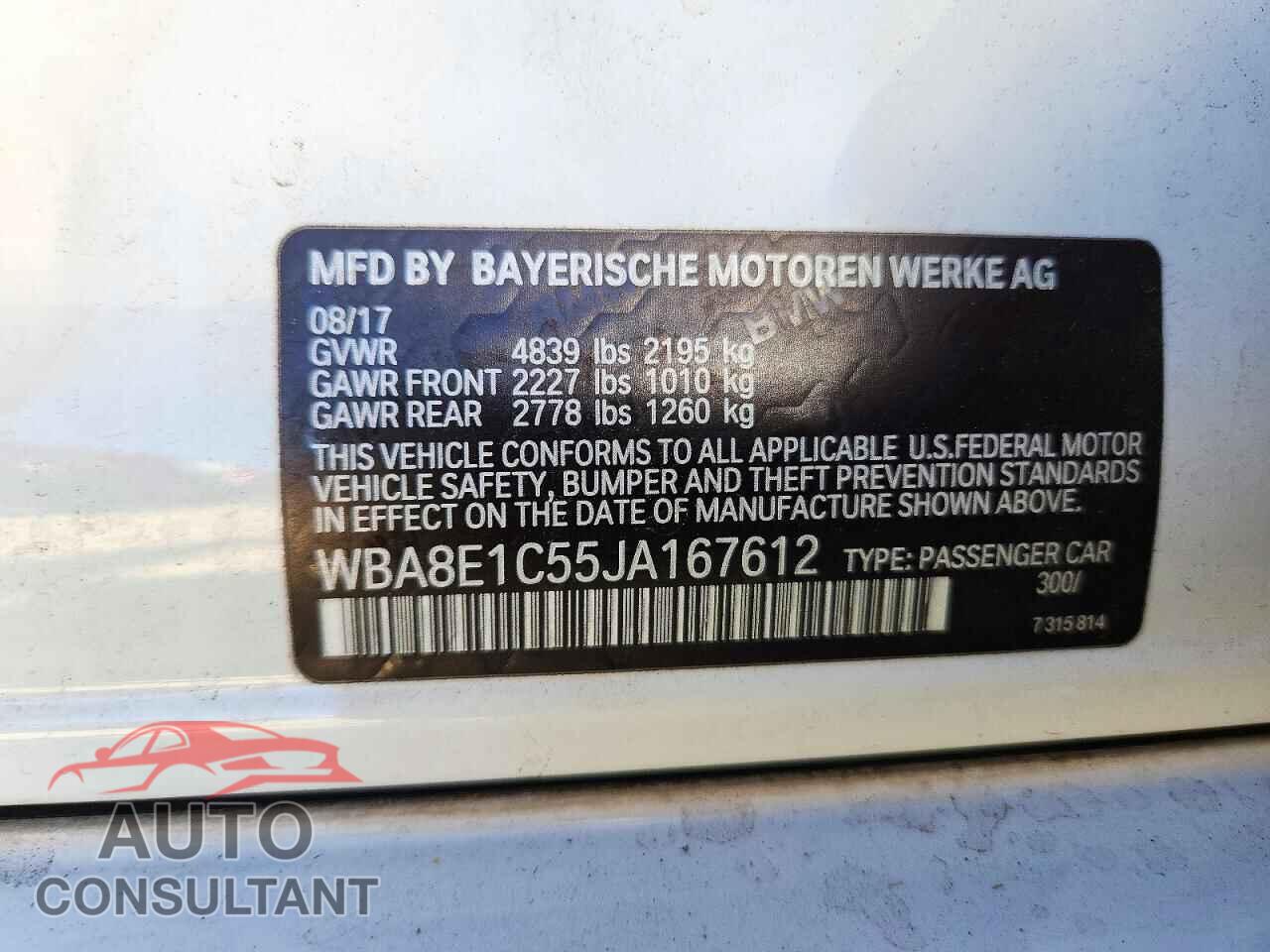 BMW 3 SERIES 2018 - WBA8E1C55JA167612