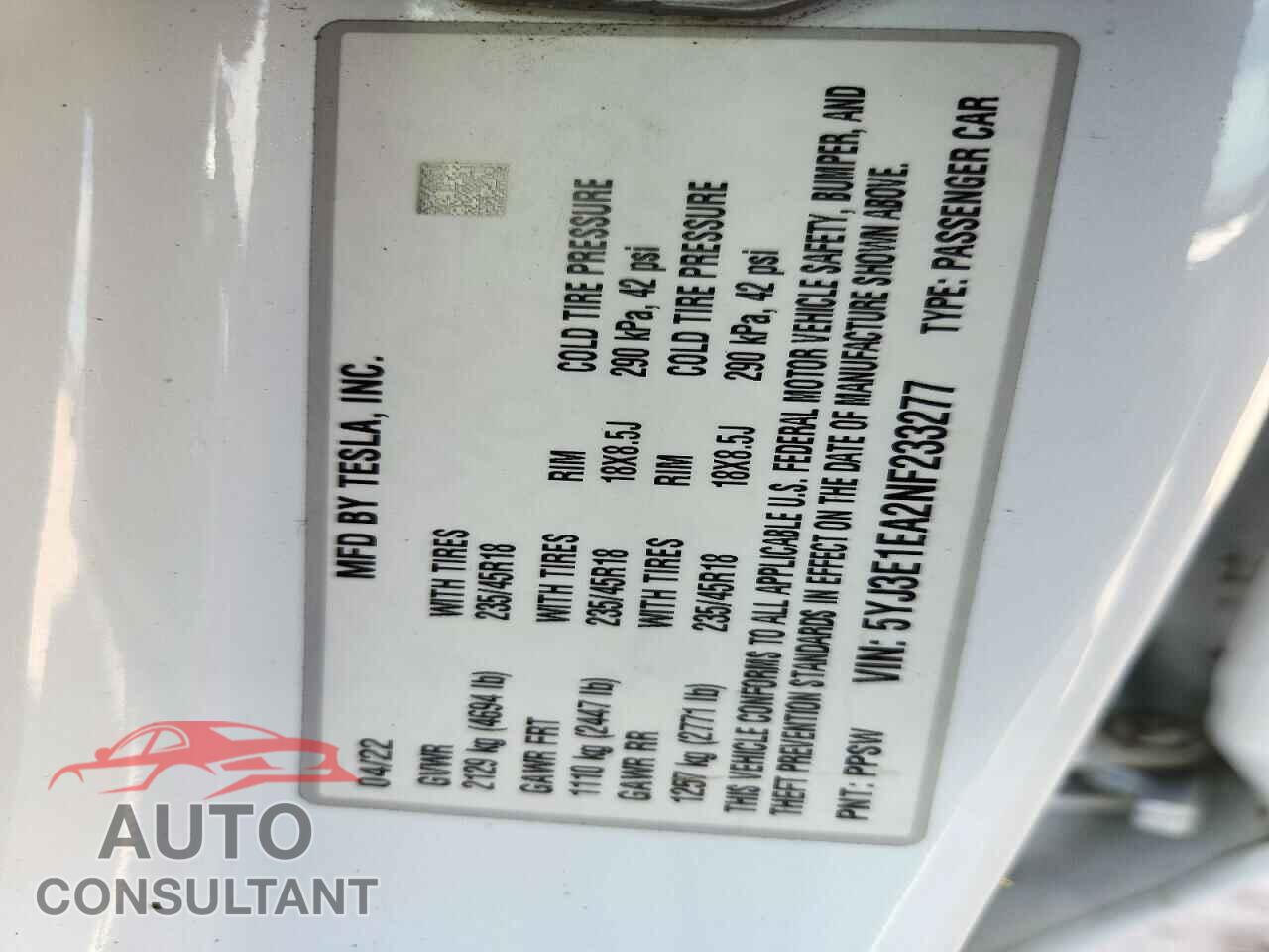 TESLA MODEL 3 2022 - 5YJ3E1EA2NF233277
