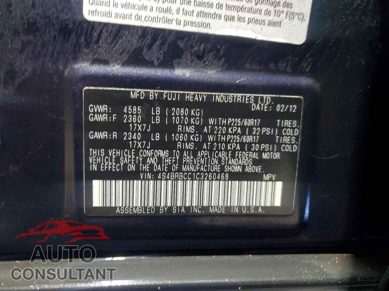 SUBARU OUTBACK 2012 - 4S4BRBCC1C3260468
