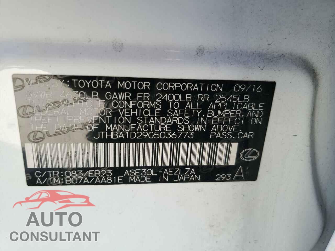 LEXUS IS 2016 - JTHBA1D29G5036773