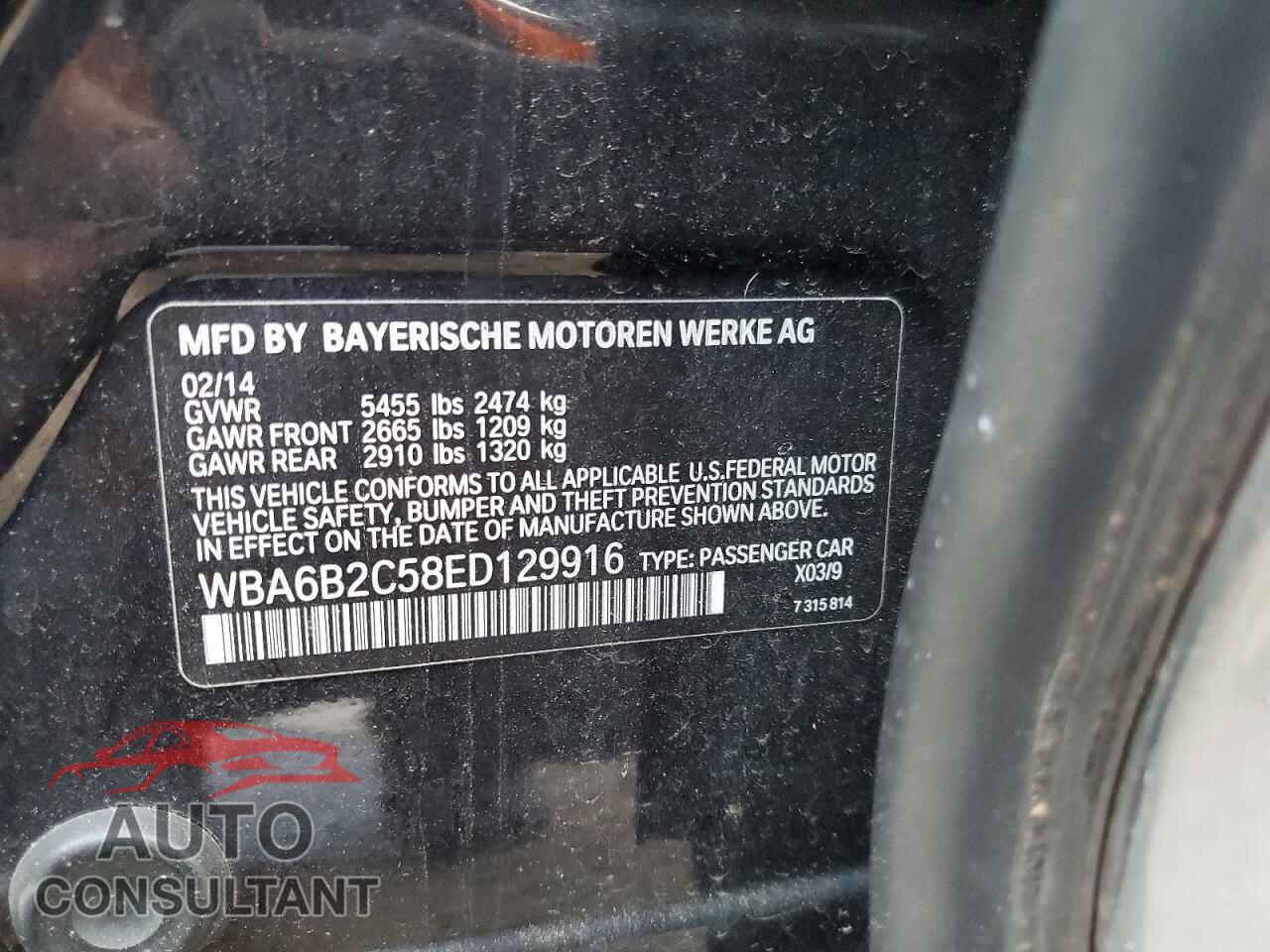 BMW 6 SERIES 2014 - WBA6B2C58ED129916
