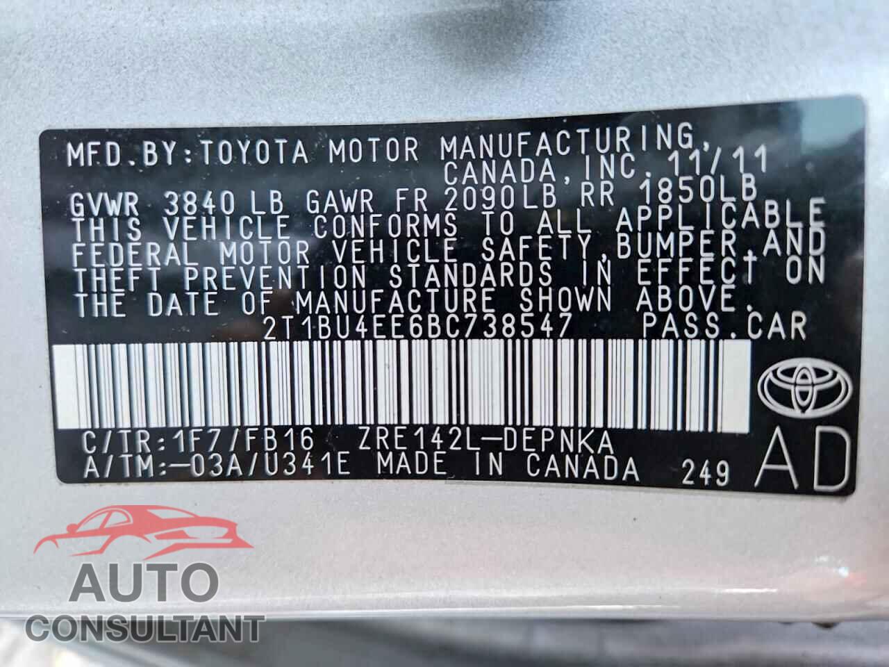 TOYOTA COROLLA 2011 - 2T1BU4EE6BC738547