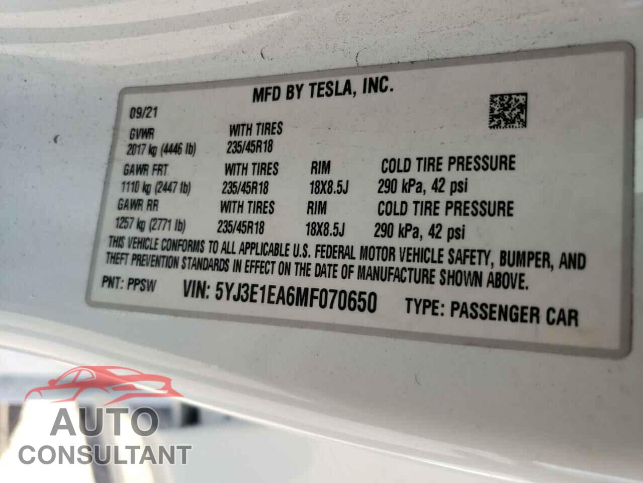 TESLA MODEL 3 2021 - 5YJ3E1EA6MF070650
