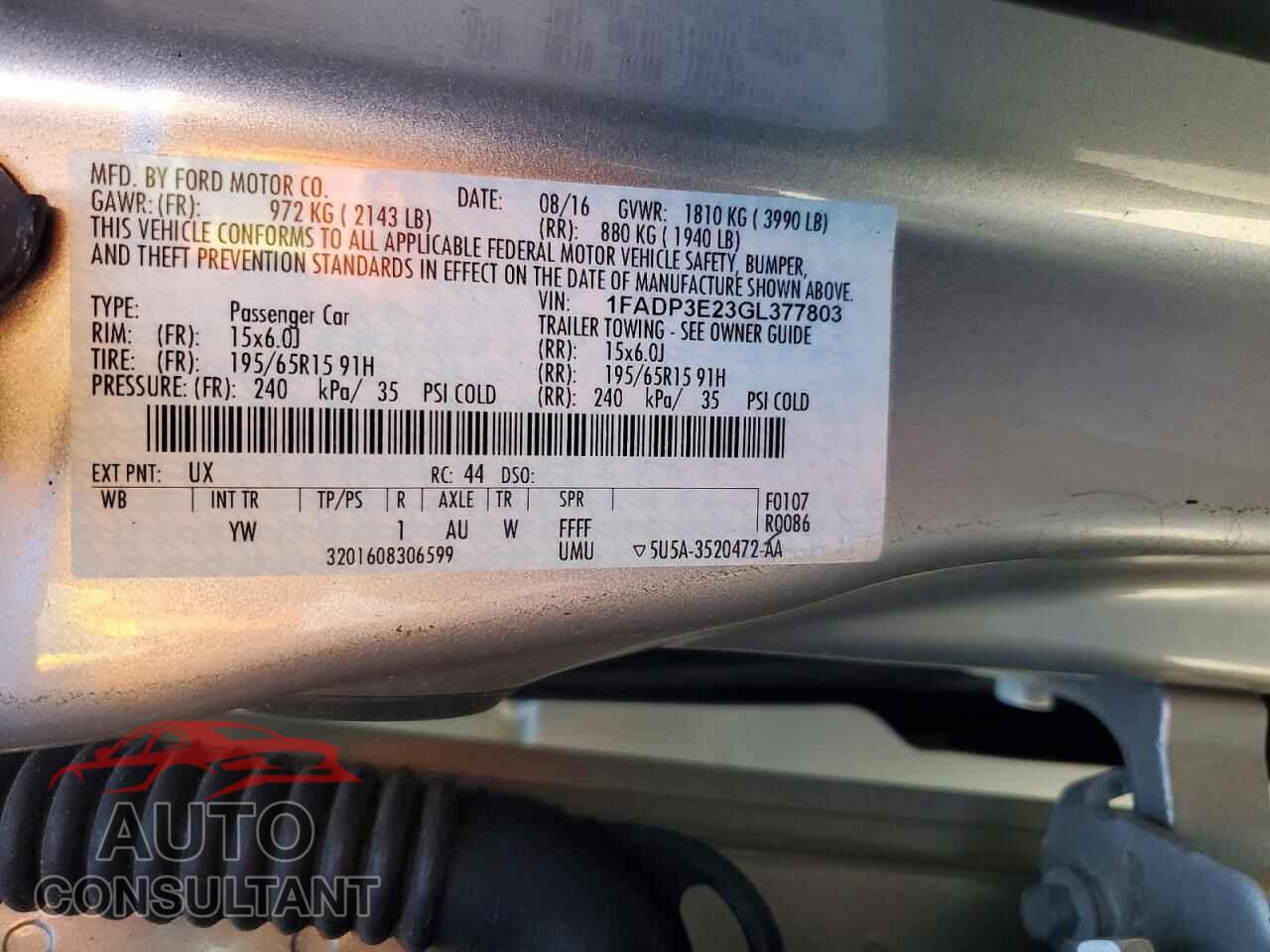 FORD FOCUS 2016 - 1FADP3E23GL377803