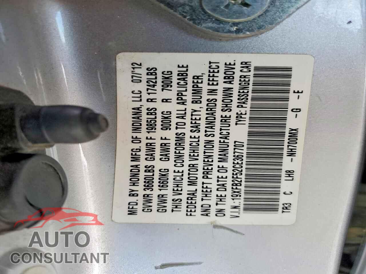 HONDA CIVIC 2012 - 19XFB2F52CE367707