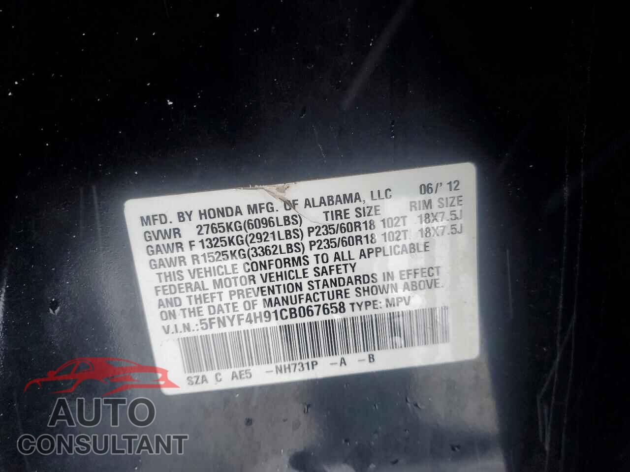 HONDA PILOT 2012 - 5FNYF4H91CB067658