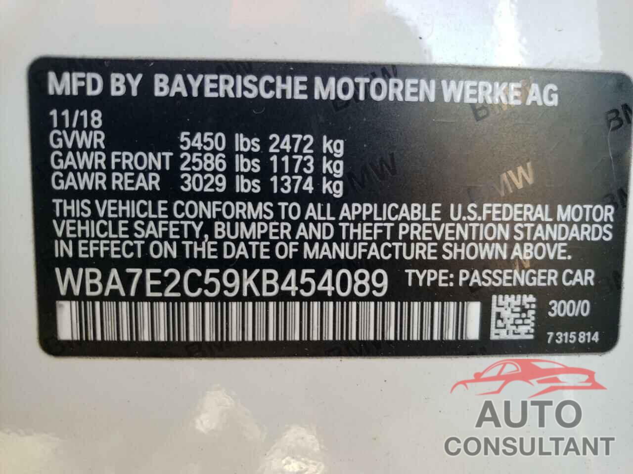 BMW 7 SERIES 2019 - WBA7E2C59KB454089