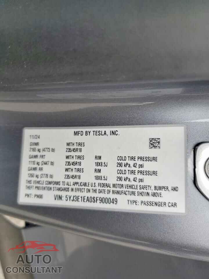 TESLA MODEL 3 2025 - 5YJ3E1EA0SF900049