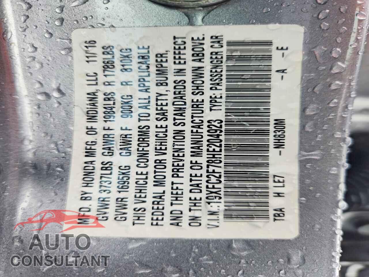 HONDA CIVIC 2017 - 19XFC2F78HE204923