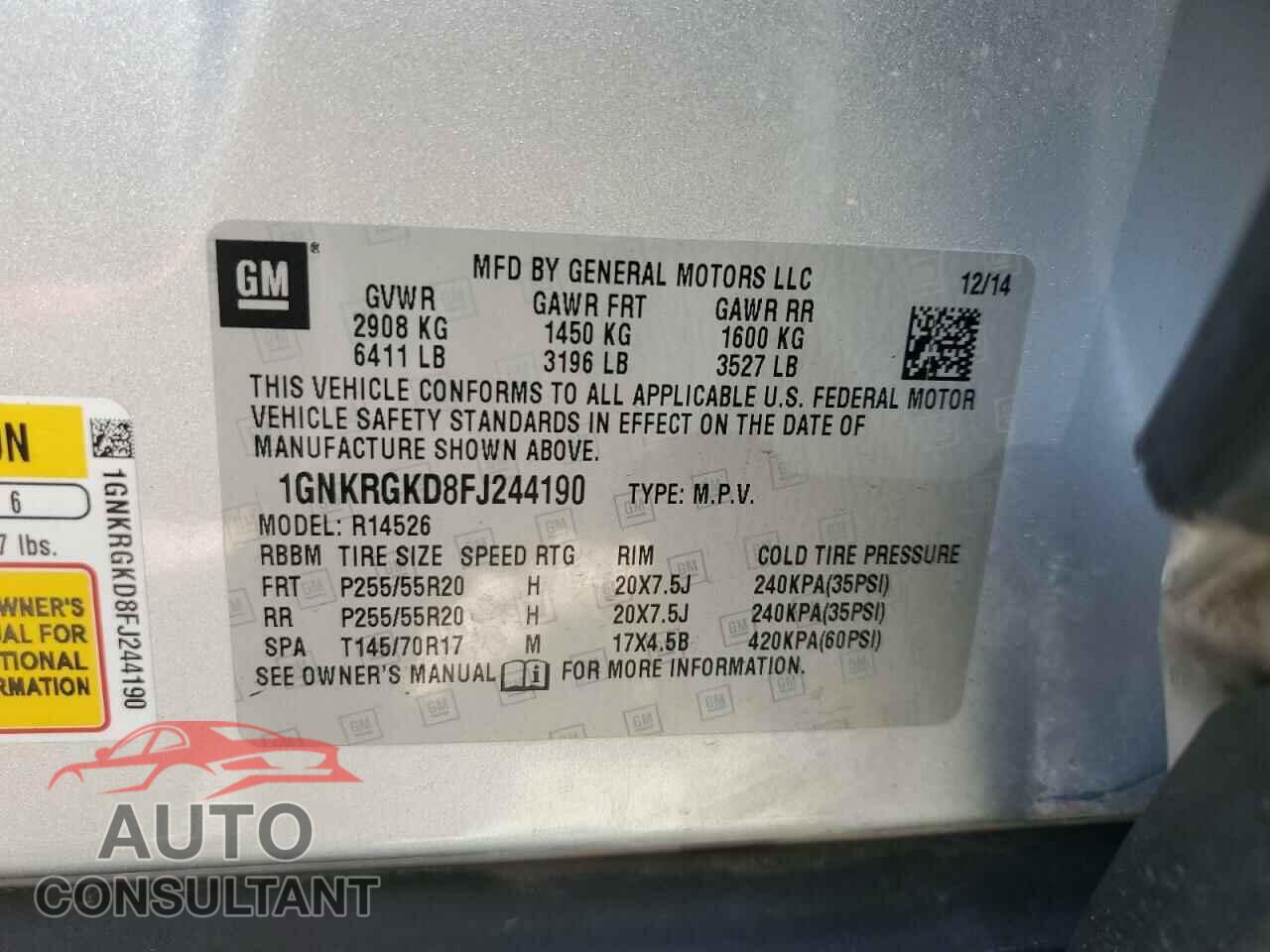 CHEVROLET TRAVERSE 2015 - 1GNKRGKD8FJ244190