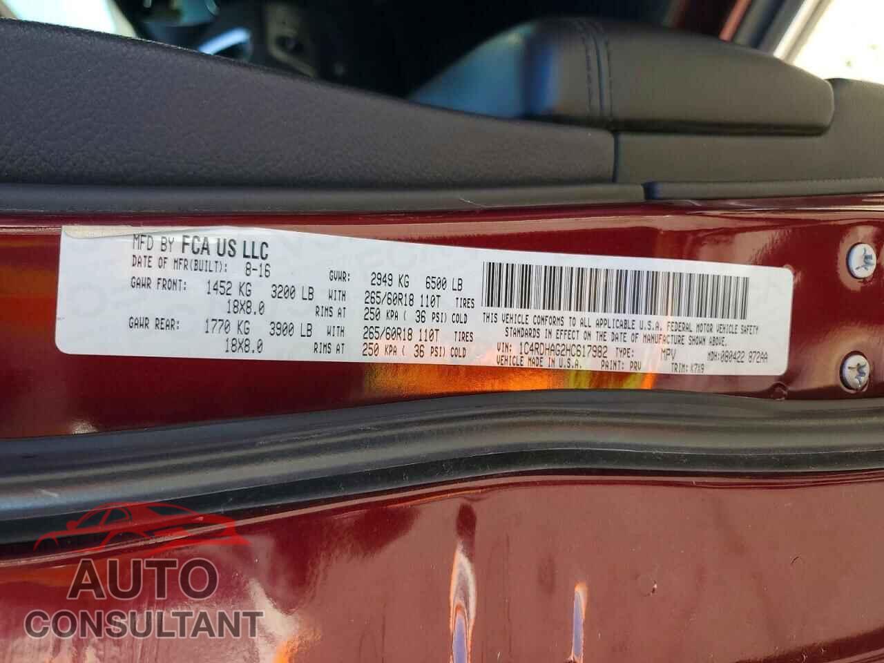 DODGE DURANGO 2017 - 1C4RDHAG2HC617982