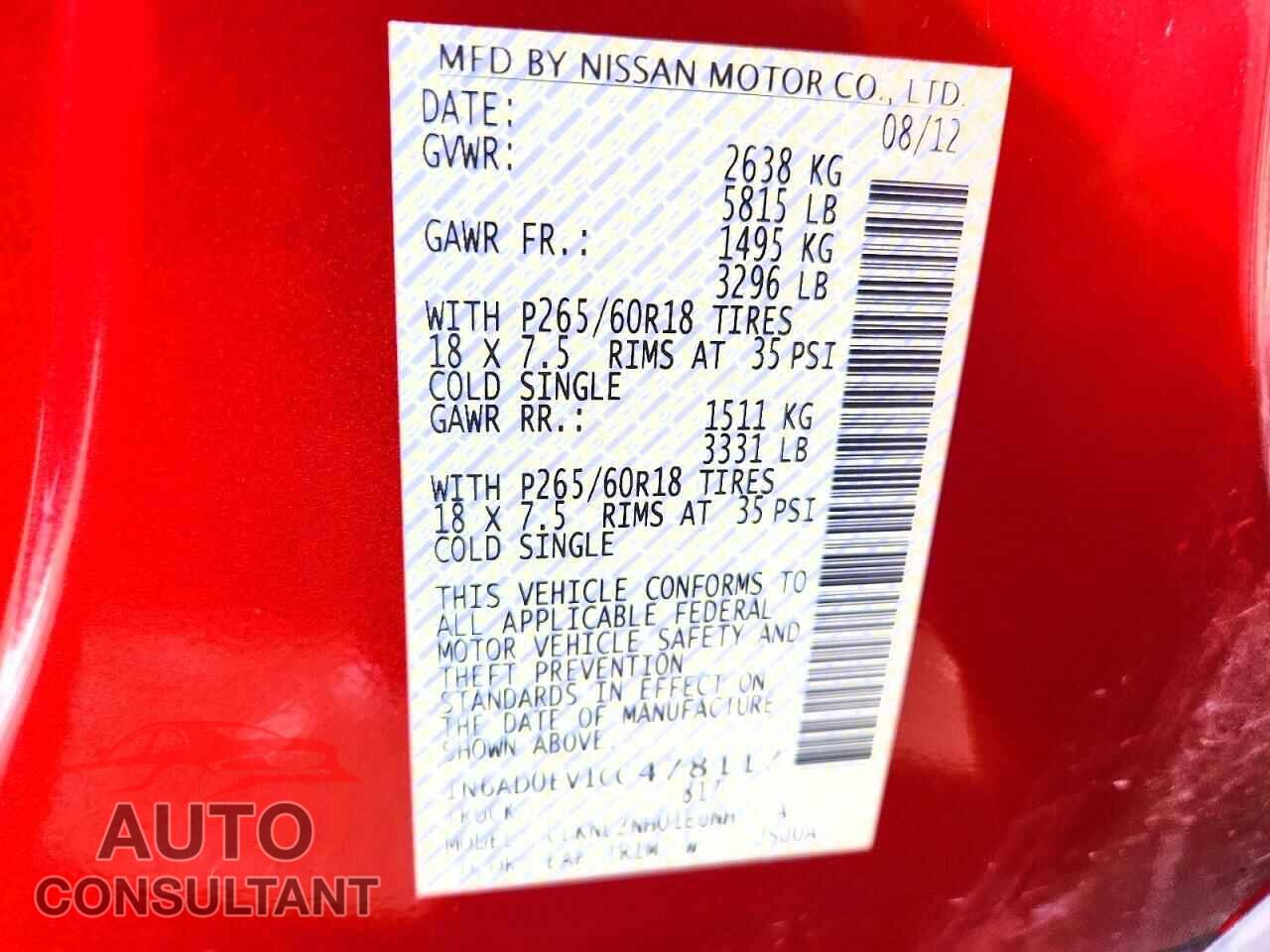 NISSAN FRONTIER 2012 - 1N6AD0EV1CC478117