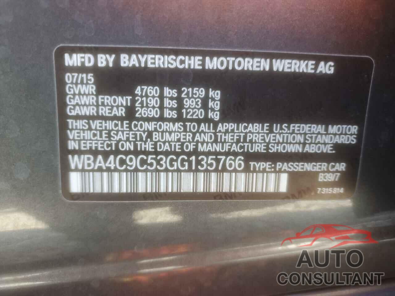 BMW 4 SERIES 2016 - WBA4C9C53GG135766