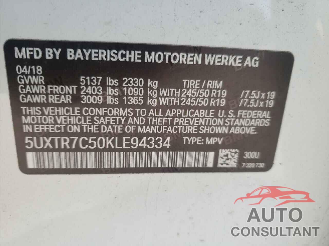 BMW X3 2019 - 5UXTR7C50KLE94334