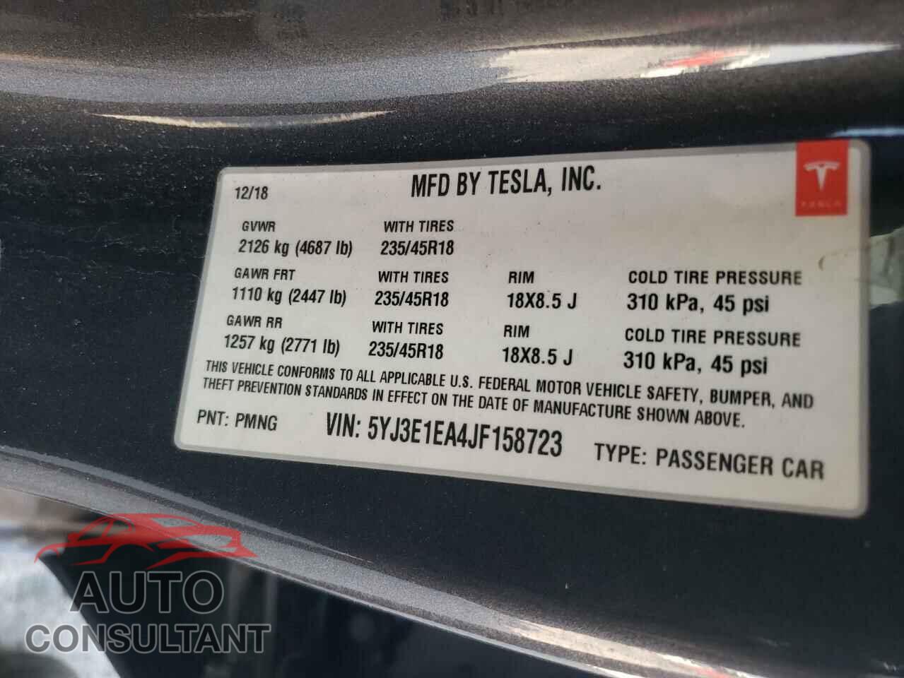 TESLA MODEL 3 2018 - 5YJ3E1EA4JF158723