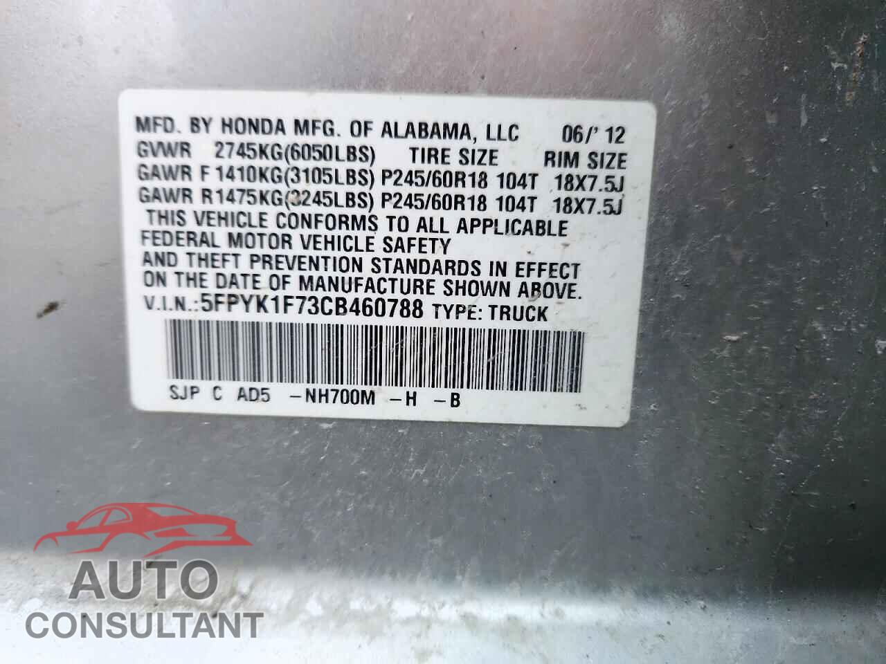 HONDA RIDGELINE 2012 - 5FPYK1F73CB460788