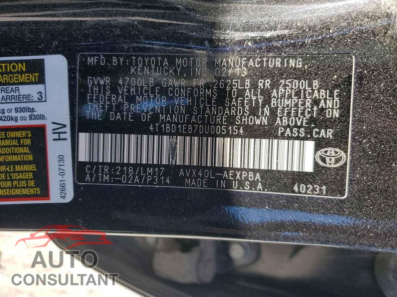 TOYOTA AVALON 2013 - 4T1BD1EB7DU005154