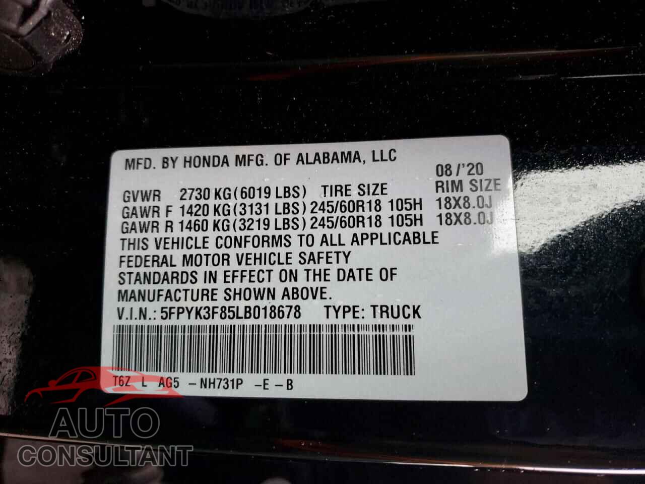 HONDA RIDGELINE 2020 - 5FPYK3F85LB018678