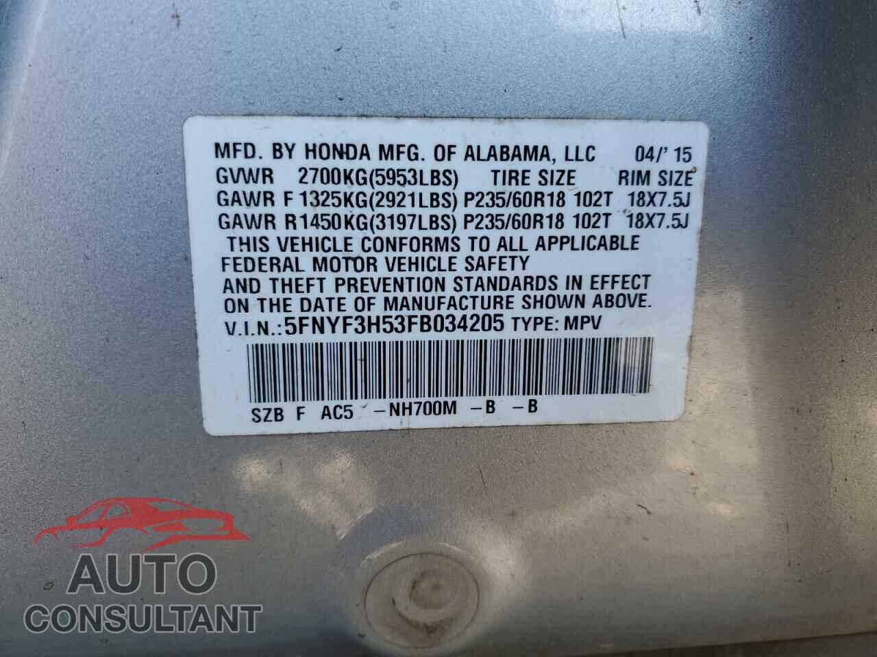 HONDA PILOT 2015 - 5FNYF3H53FB034205