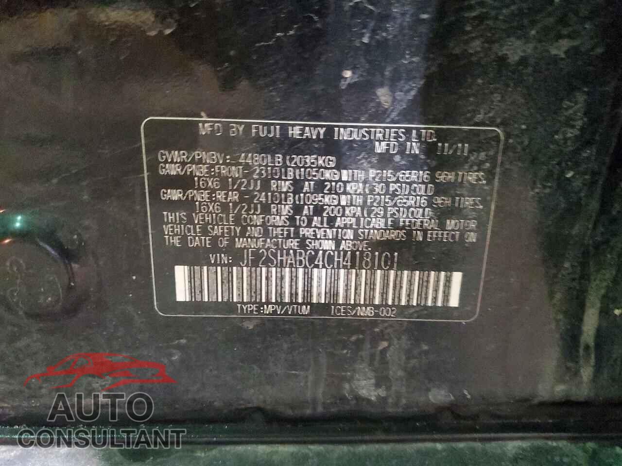 SUBARU FORESTER 2012 - JF2SHABC4CH418101
