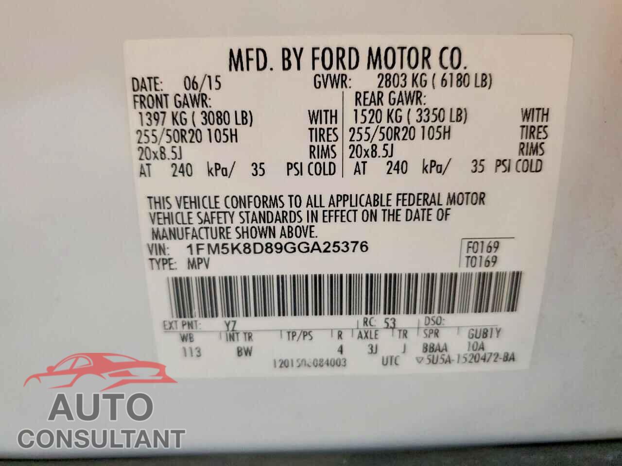 FORD EXPLORER 2016 - 1FM5K8D89GGA25376