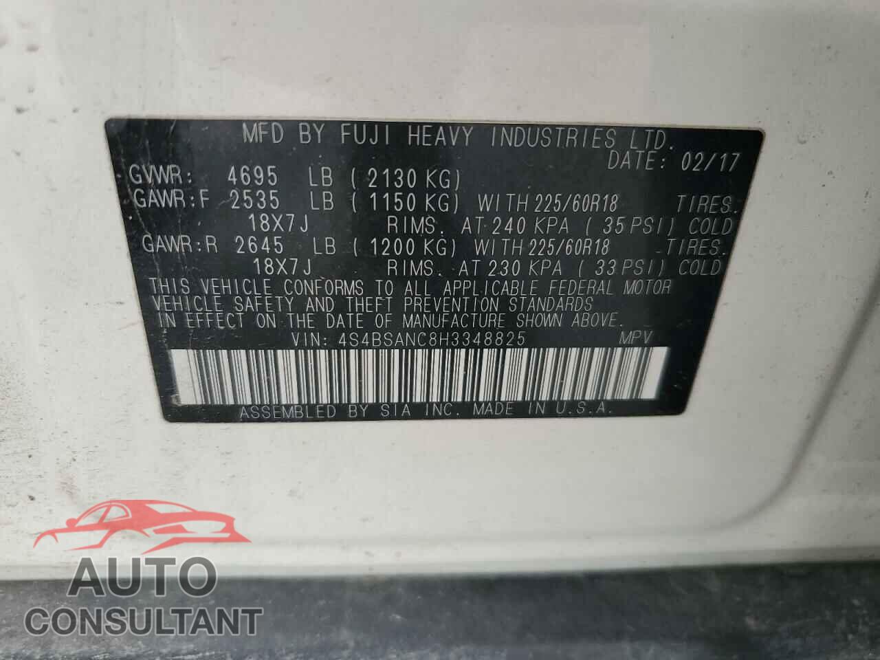 SUBARU OUTBACK 2017 - 4S4BSANC8H3348825