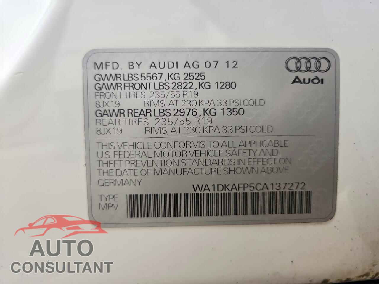 AUDI Q5 2012 - WA1DKAFP5CA137272