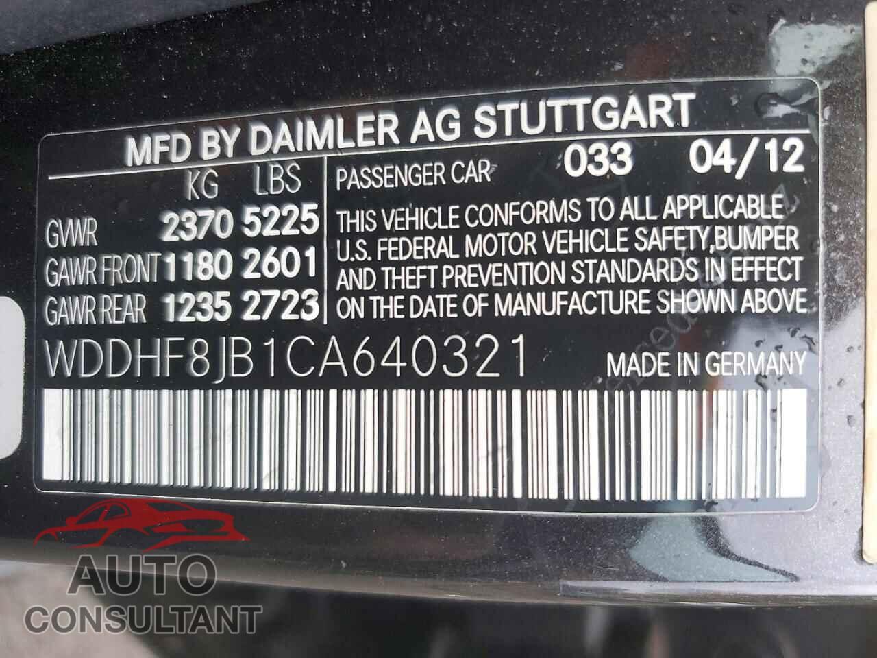 MERCEDES-BENZ E-CLASS 2012 - WDDHF8JB1CA640321