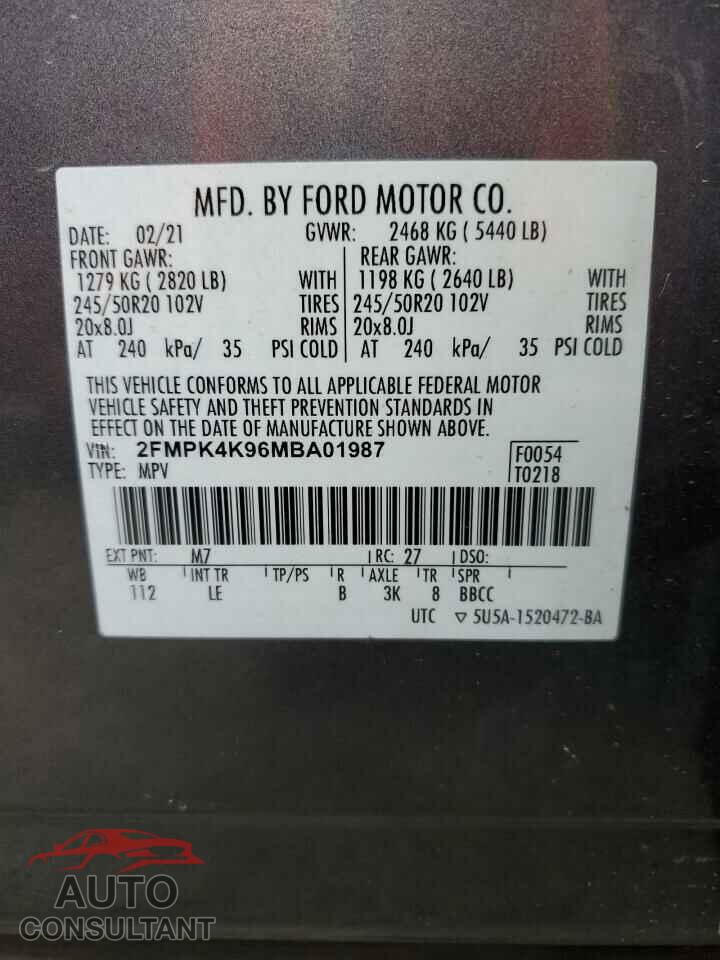 FORD EDGE 2021 - 2FMPK4K96MBA01987