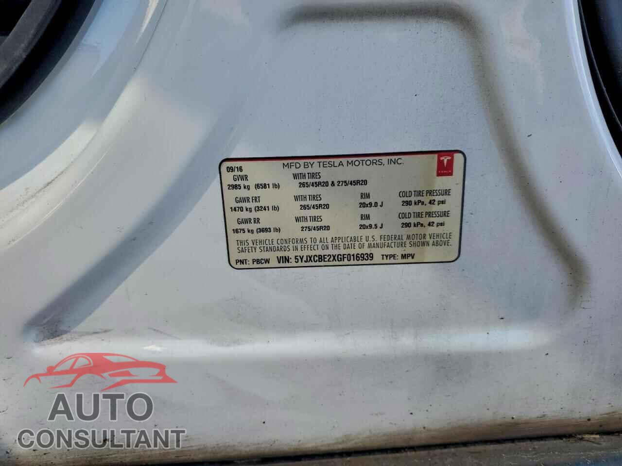 TESLA MODEL X 2016 - 5YJXCBE2XGF016939