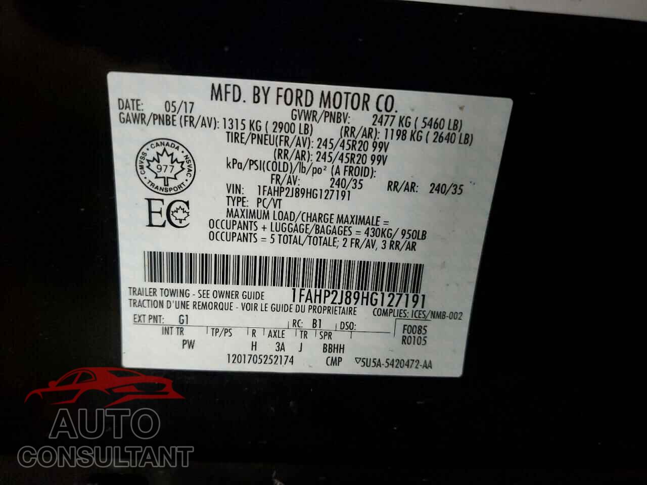 FORD TAURUS 2017 - 1FAHP2J89HG127191