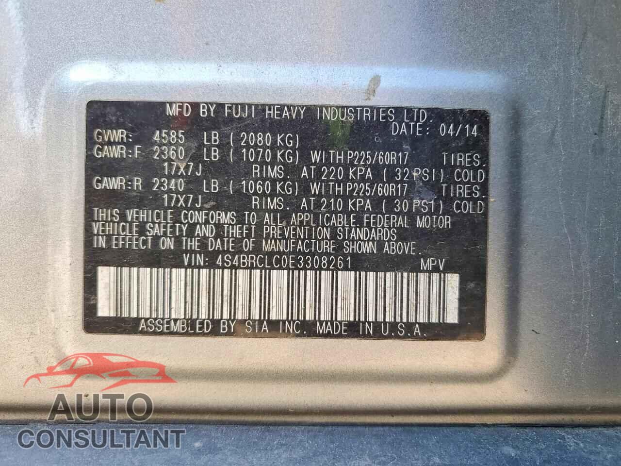 SUBARU OUTBACK 2014 - 4S4BRCLC0E3308261