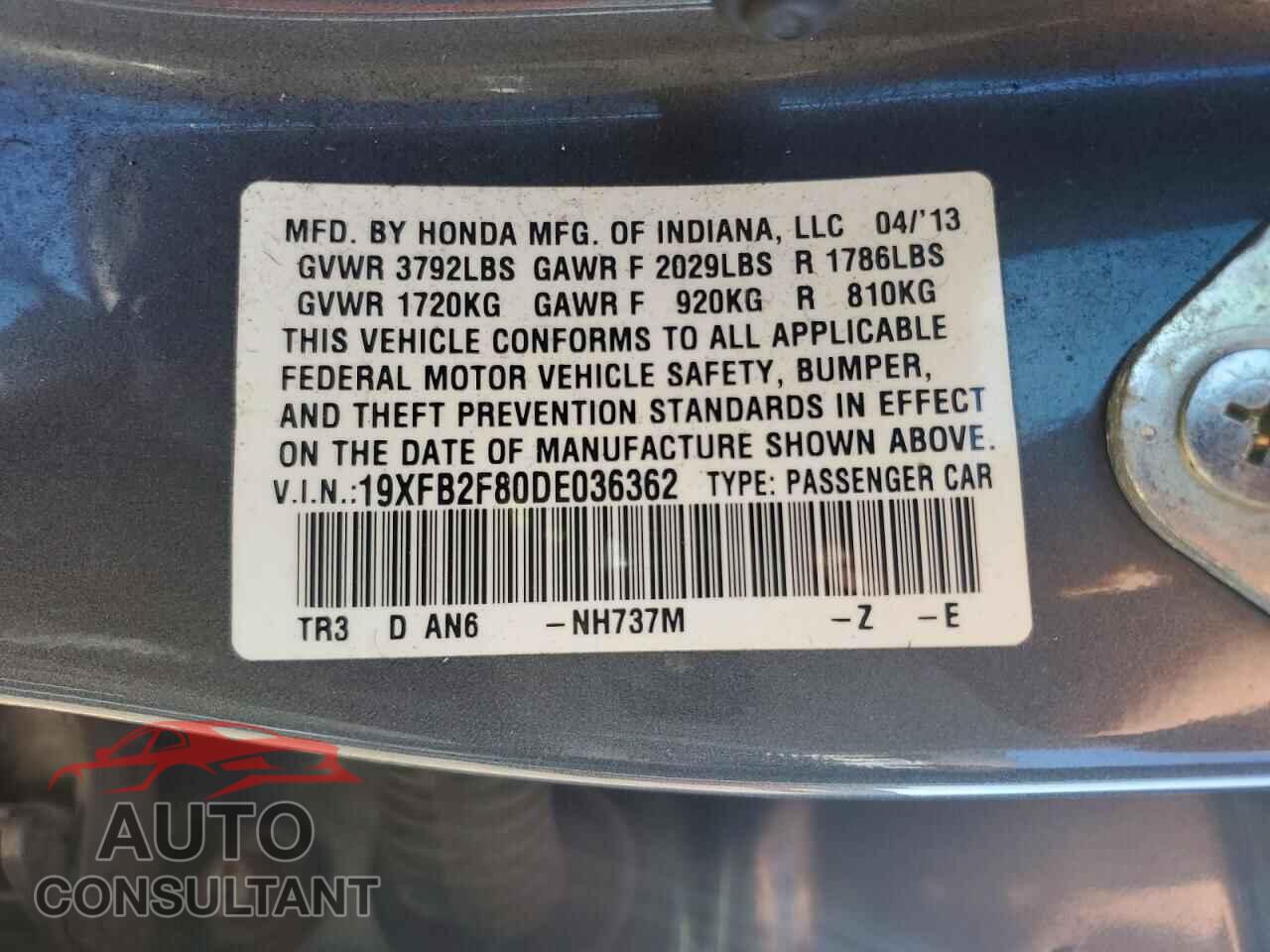 HONDA CIVIC 2013 - 19XFB2F80DE036362