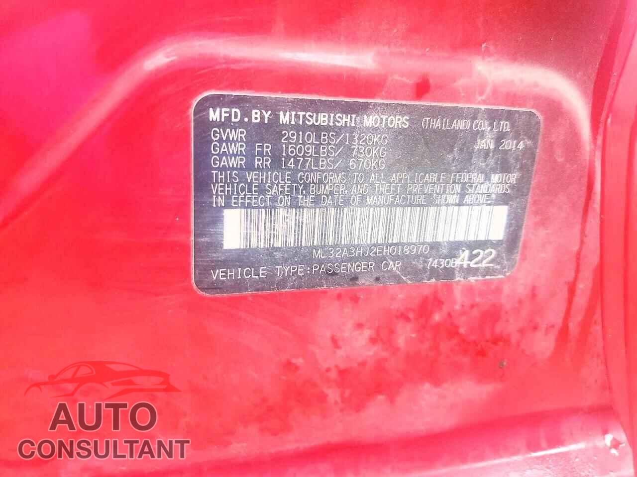 MITSUBISHI MIRAGE 2014 - ML32A3HJ2EH018970