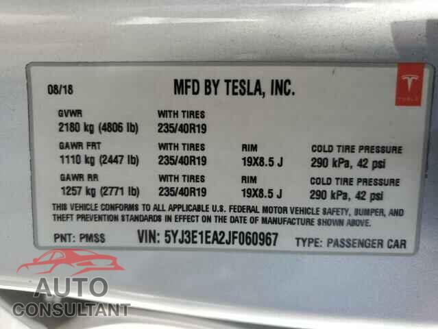 TESLA MODEL 3 2018 - 5YJ3E1EA2JF060967