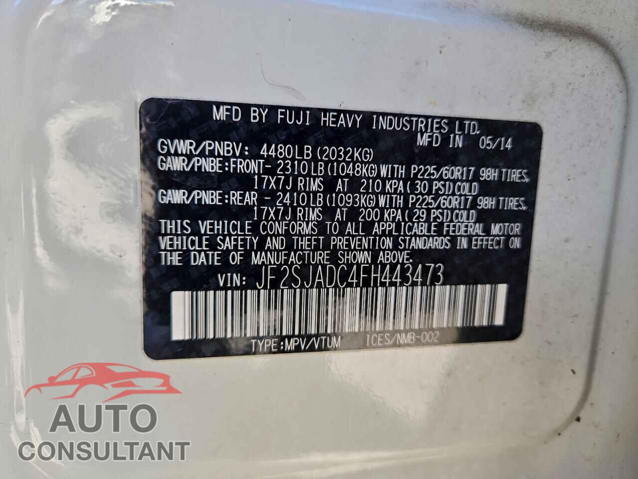 SUBARU FORESTER 2015 - JF2SJADC4FH443473