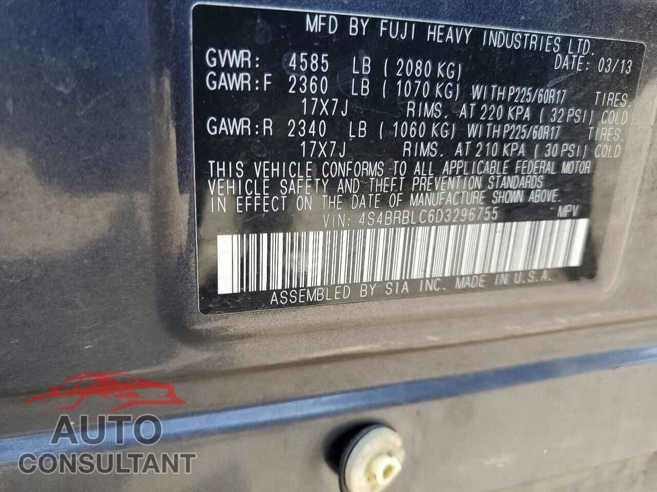 SUBARU OUTBACK 2013 - 4S4BRBLC6D3296755