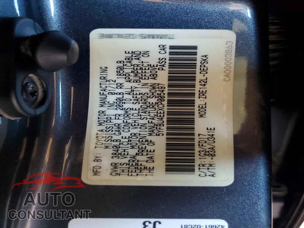TOYOTA COROLLA 2012 - 5YFBU4EEXCP005497