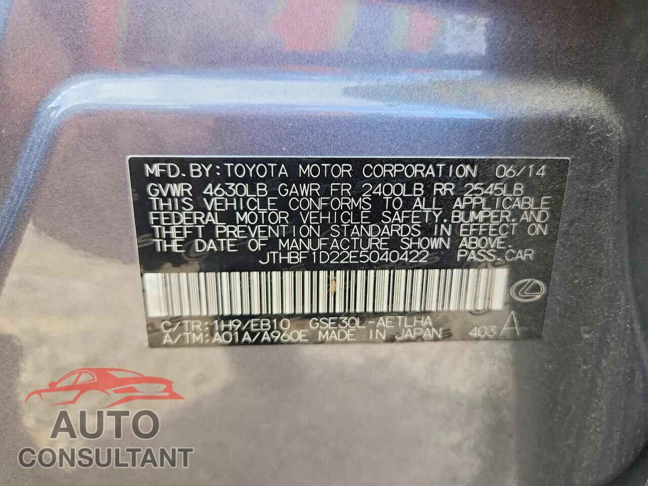 LEXUS IS 2014 - JTHBF1D22E5040422