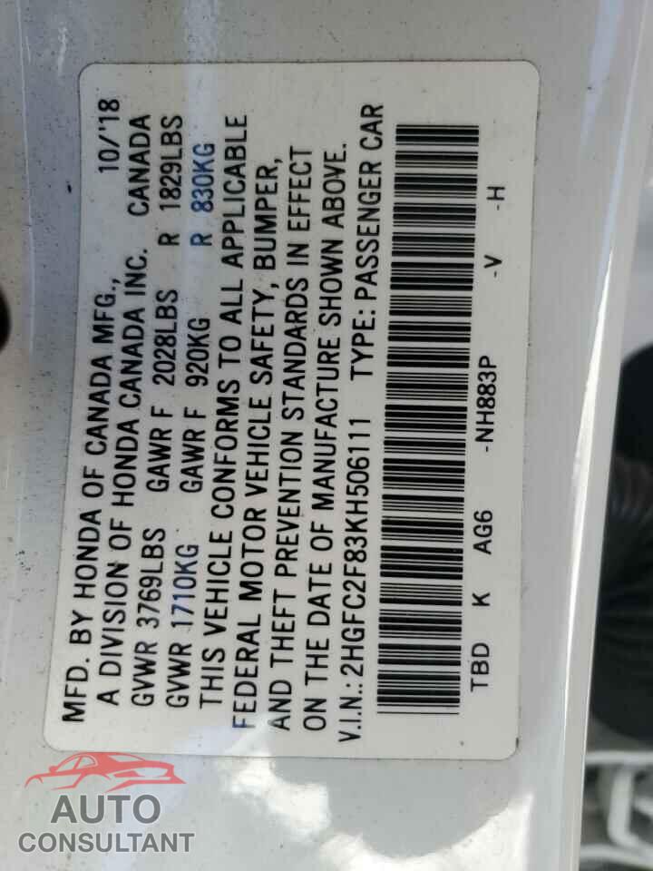 HONDA CIVIC 2019 - 2HGFC2F83KH506111