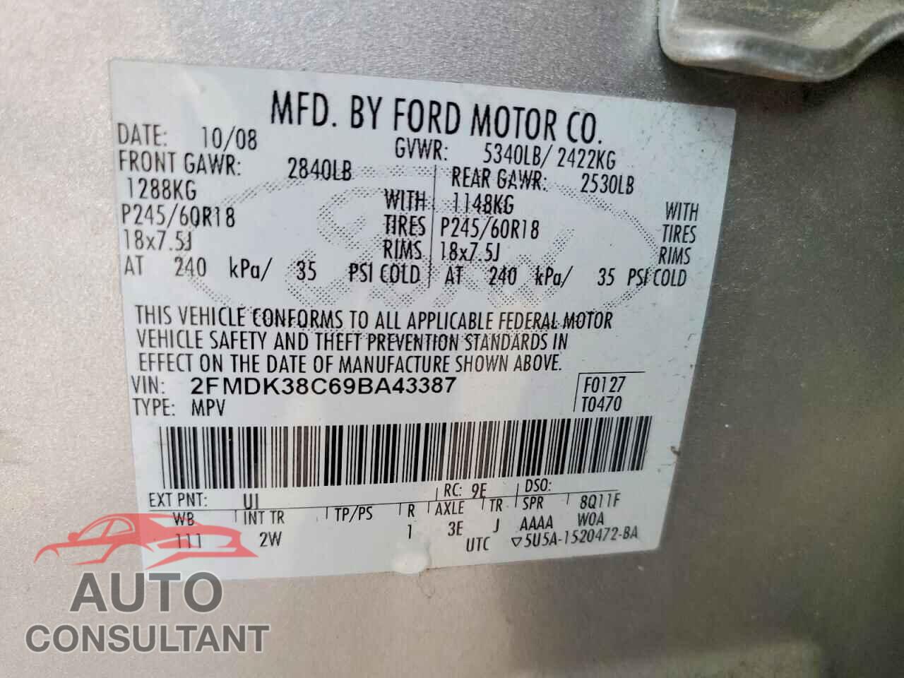 FORD EDGE 2009 - 2FMDK38C69BA43387