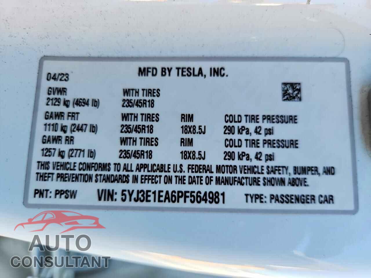 TESLA MODEL 3 2023 - 5YJ3E1EA6PF564981